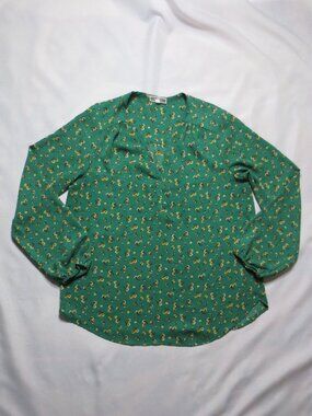 PLEIONE womens BLOUSE green TOP shirt BOHO floral CAREER casual SIZE M